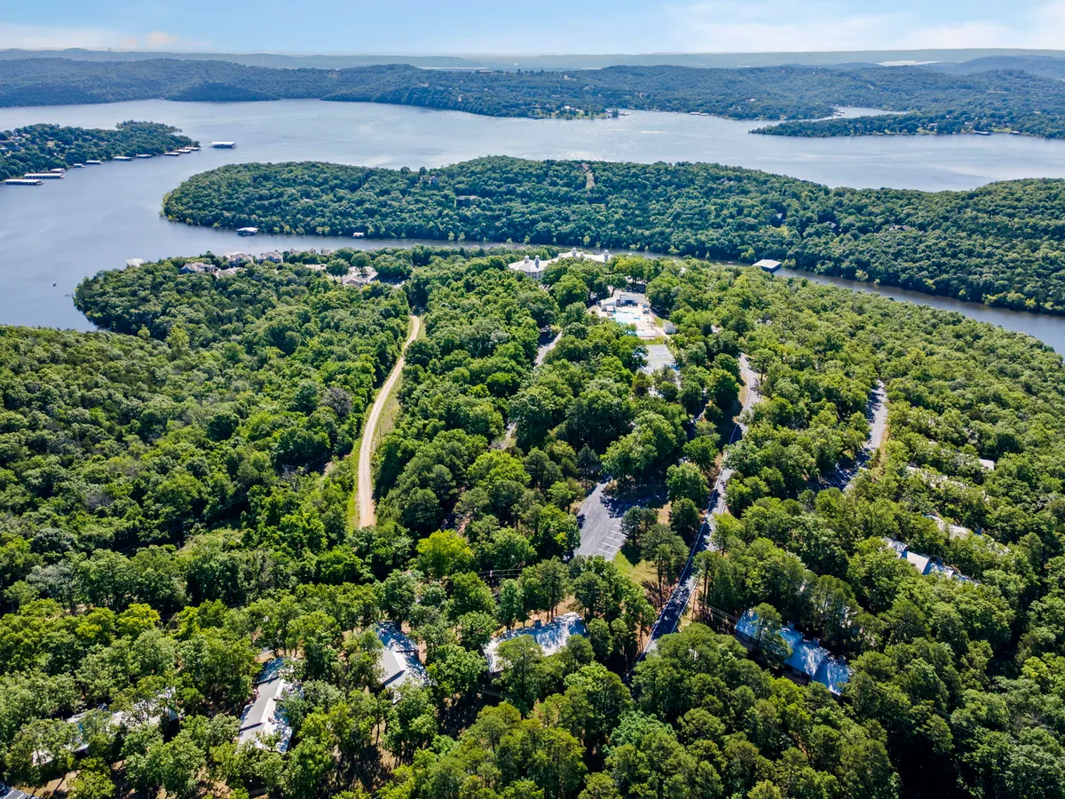 A sweeping view of the lake framed by dense greenery, with a winding road and scattered homes visible along the shore. The tranquil water reflects the sky, creating a serene, inviting atmosphere ideal for peaceful getaways.
